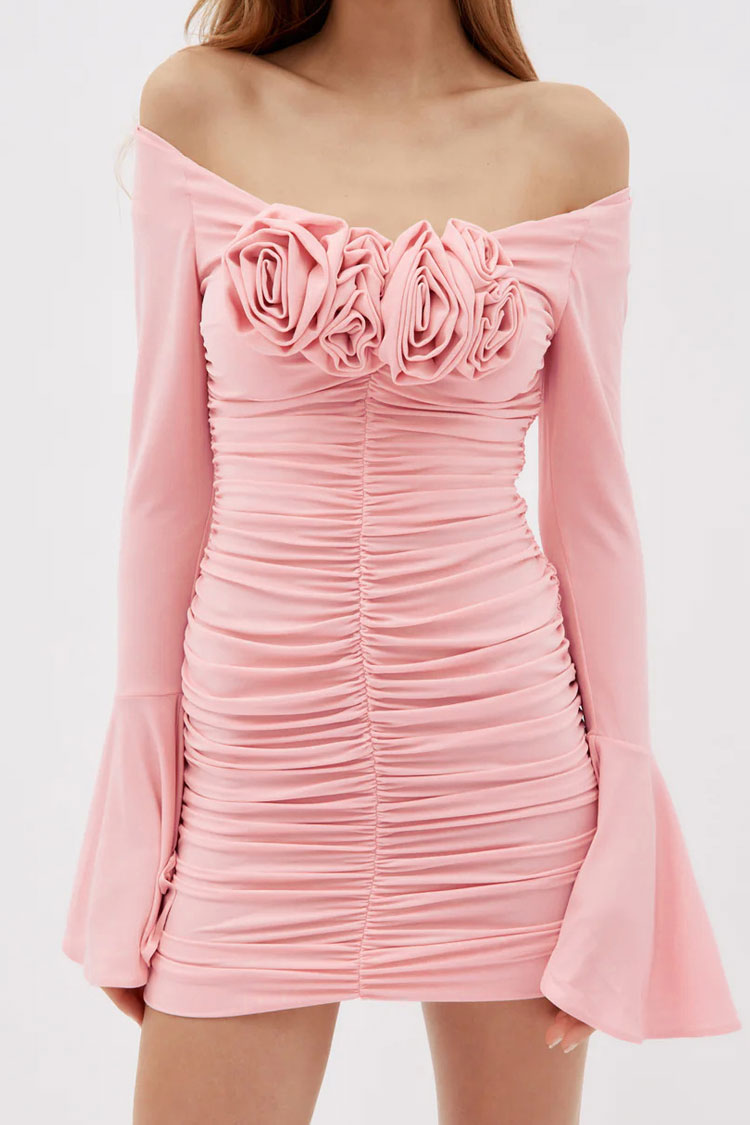 Off-Shoulder 3D Rosette Ruched Bell Cuff Bodycon Mini Dress