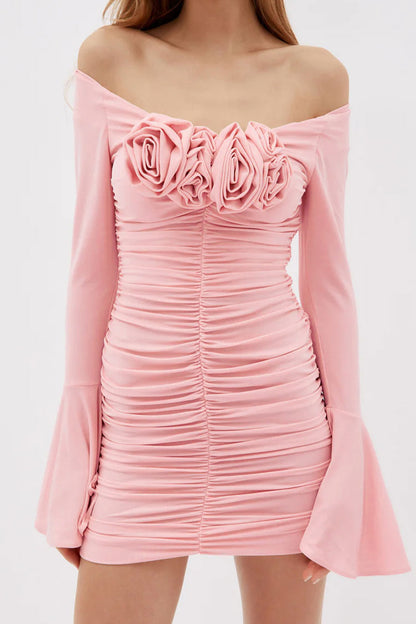 Off-Shoulder 3D Rosette Ruched Bell Cuff Bodycon Mini Dress