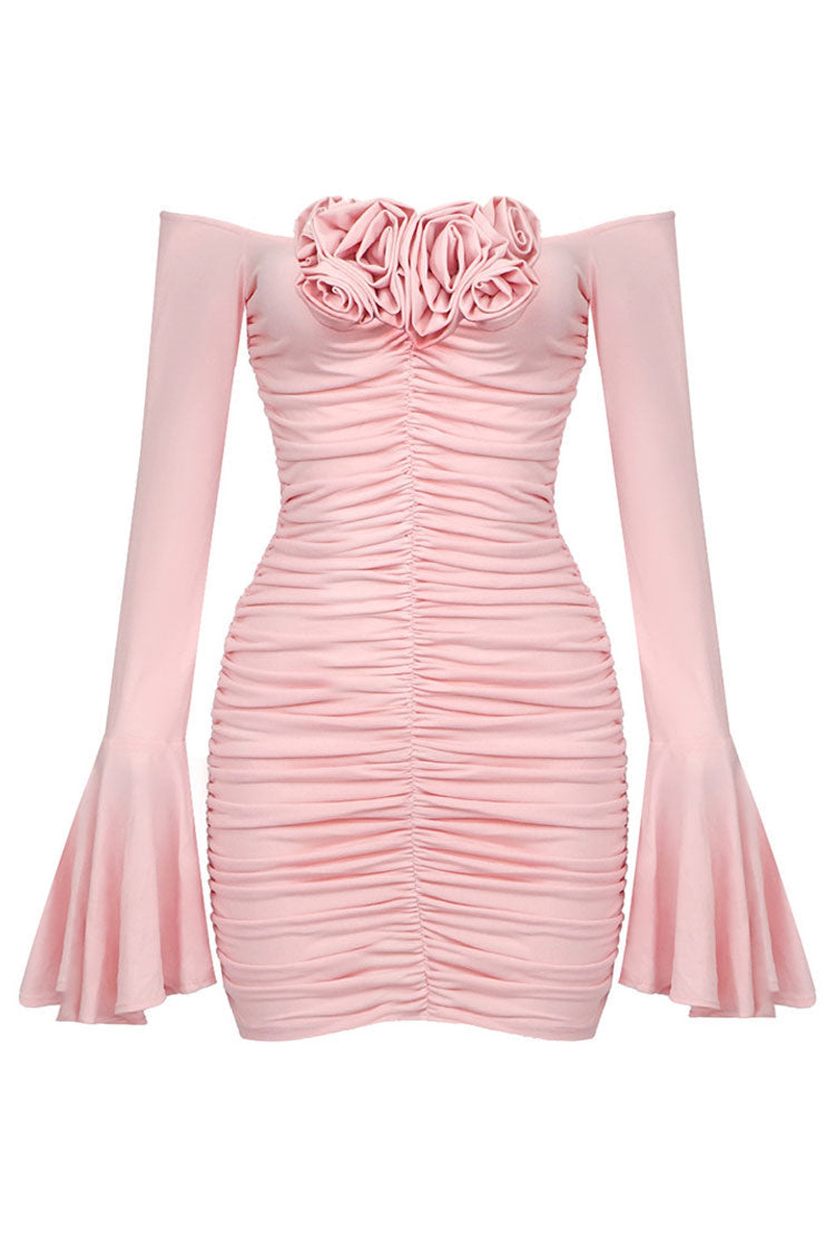 Off-Shoulder 3D Rosette Ruched Bell Cuff Bodycon Mini Dress
