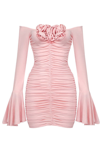 Off-Shoulder 3D Rosette Ruched Bell Cuff Bodycon Mini Dress
