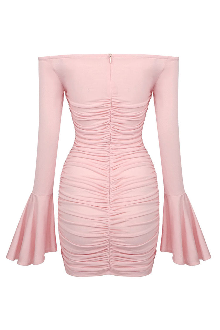 Off-Shoulder 3D Rosette Ruched Bell Cuff Bodycon Mini Dress