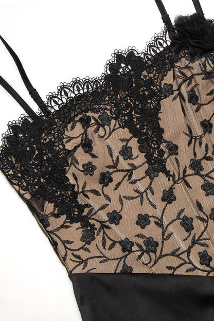 Rosette Applique Lace Panel Spaghetti Strap Bodycon Midi Dress