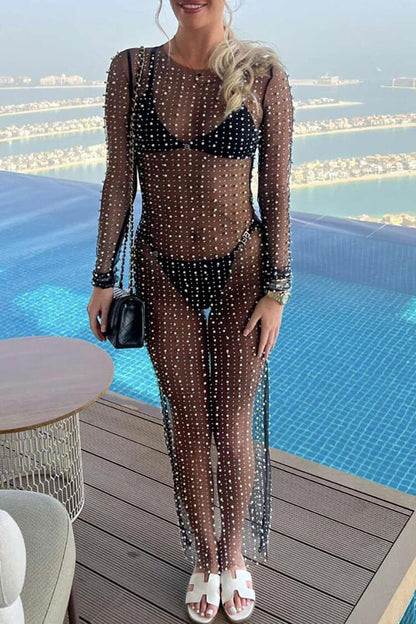 Crew Neck Long Sleeve Faux Pearl Embellished Sheer Mesh Maxi Dress