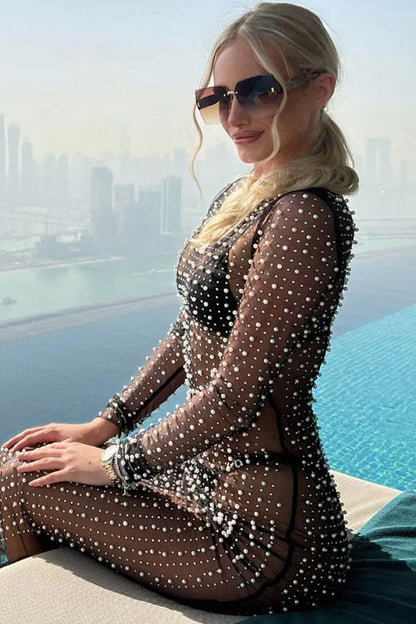 Crew Neck Long Sleeve Faux Pearl Embellished Sheer Mesh Maxi Dress