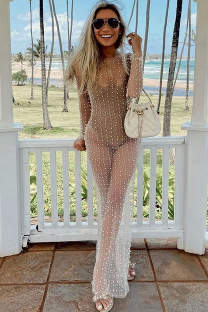 Crew Neck Long Sleeve Faux Pearl Embellished Sheer Mesh Maxi Dress