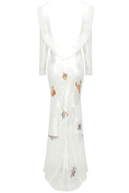 Off-Shoulder Ruffle Sequin Mesh Marine Applique Mermaid Maxi Dress