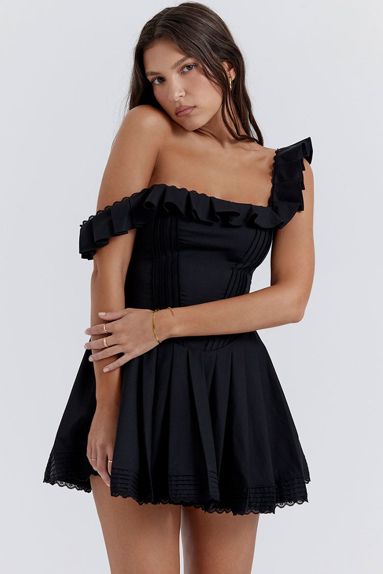 Ruffle Square Neck Pintuck Corset Bodice Pleated Fit-and-Flare Mini Dress