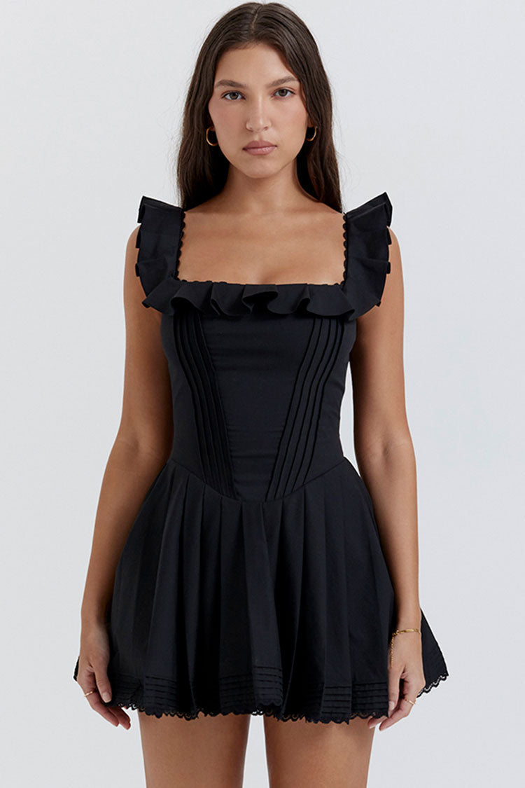 Ruffle Square Neck Pintuck Corset Bodice Pleated Fit-and-Flare Mini Dress