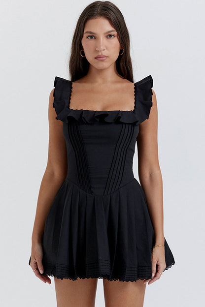 Ruffle Square Neck Pintuck Corset Bodice Pleated Fit-and-Flare Mini Dress