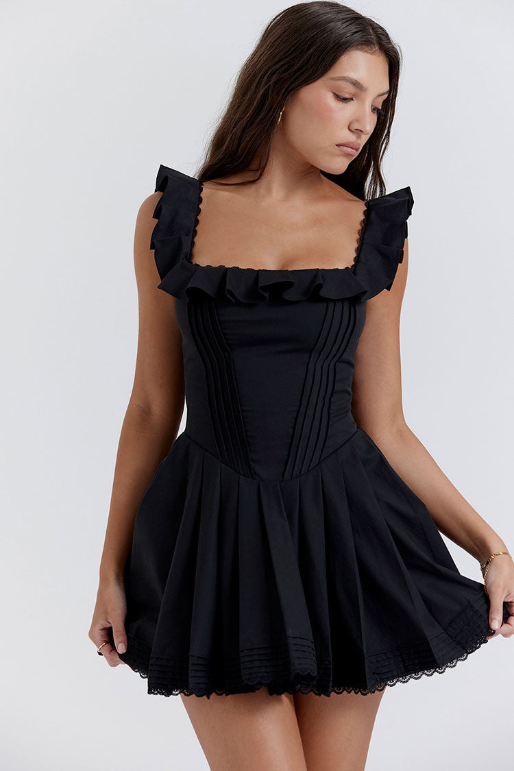 Ruffle Square Neck Pintuck Corset Bodice Pleated Fit-and-Flare Mini Dress
