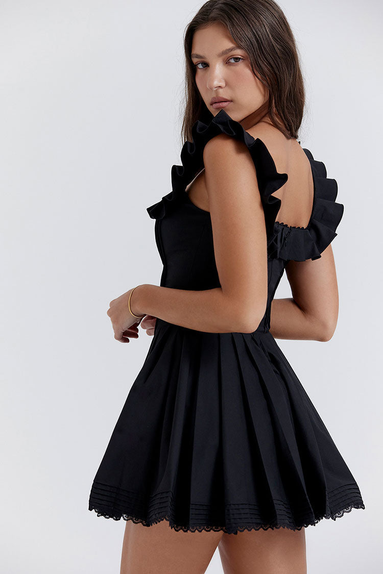 Ruffle Square Neck Pintuck Corset Bodice Pleated Fit-and-Flare Mini Dress