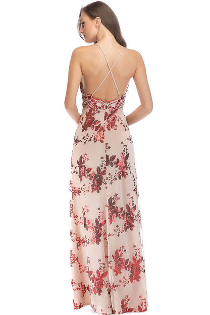 Scalloped Deep V Spaghetti Strap Sequin Lace High Slit Maxi Dress