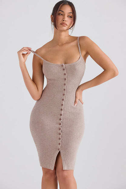 Rib Knit Scoop Neck Spaghetti Strap Button Front Bodycon Midi Dress