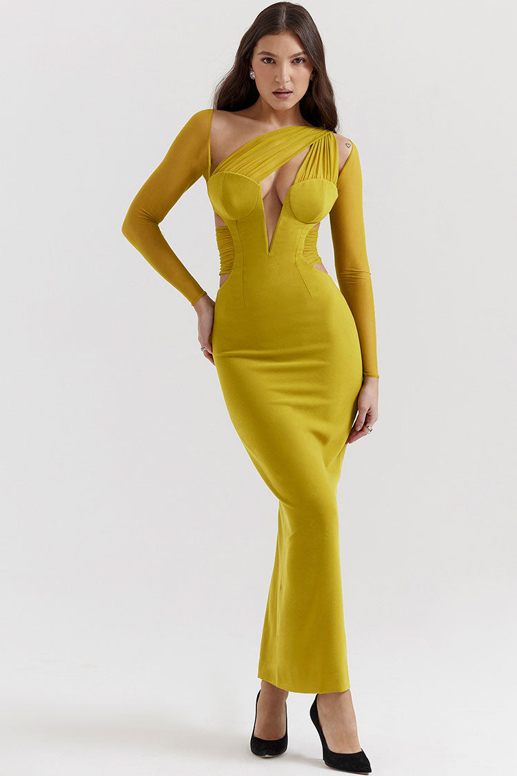 Sheer Ruched One Shoulder Long Sleeve Waist Cutout Bodycon Maxi Dress