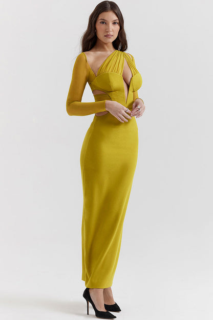 Sheer Ruched One Shoulder Long Sleeve Waist Cutout Bodycon Maxi Dress