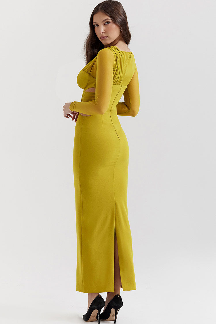 Sheer Ruched One Shoulder Long Sleeve Waist Cutout Bodycon Maxi Dress