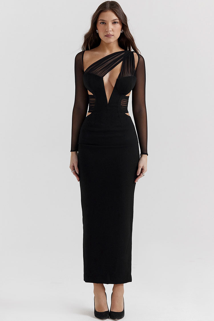 Sheer Ruched One Shoulder Long Sleeve Waist Cutout Bodycon Maxi Dress