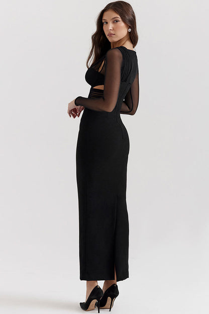 Sheer Ruched One Shoulder Long Sleeve Waist Cutout Bodycon Maxi Dress