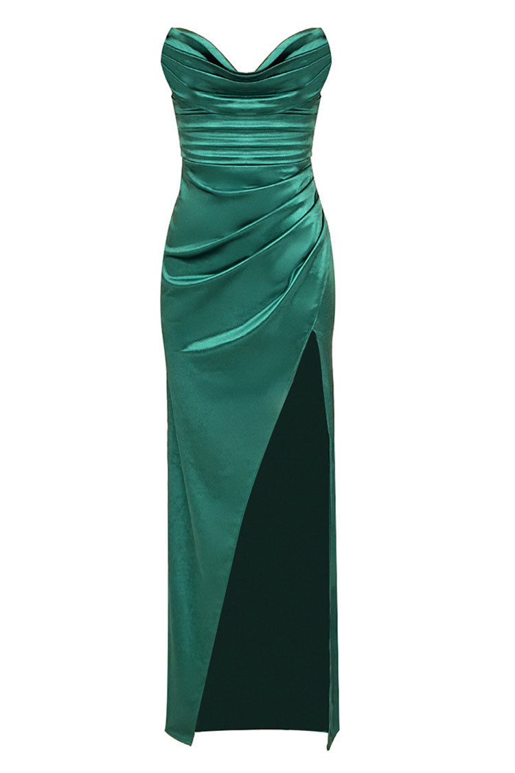 Strapless Cowl Sweetheart Ruched Satin Wrap High Slit Maxi Gown