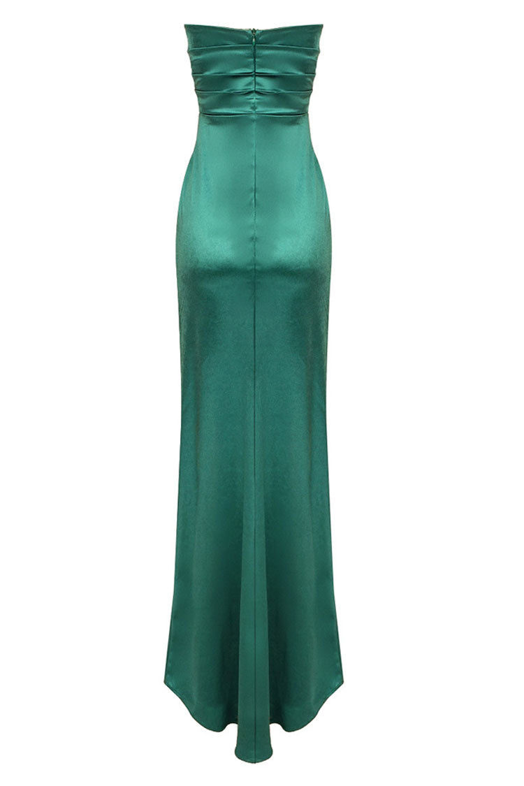 Strapless Cowl Sweetheart Ruched Satin Wrap High Slit Maxi Gown