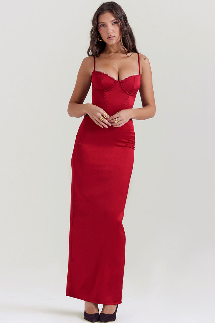 Corset Sweetheart Spaghetti Strap Column Satin Maxi Dress