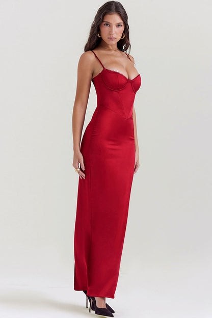 Corset Sweetheart Spaghetti Strap Column Satin Maxi Dress