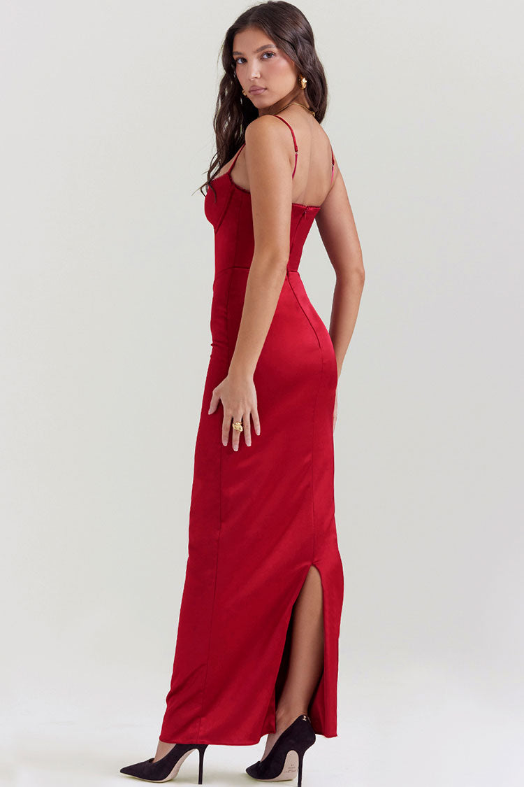 Corset Sweetheart Spaghetti Strap Column Satin Maxi Dress