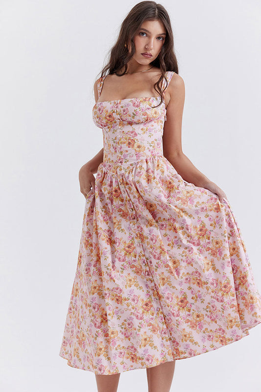 Square Neck Button Front Corset Bodice Fit and Flare Floral Midi Dress with Pockets
