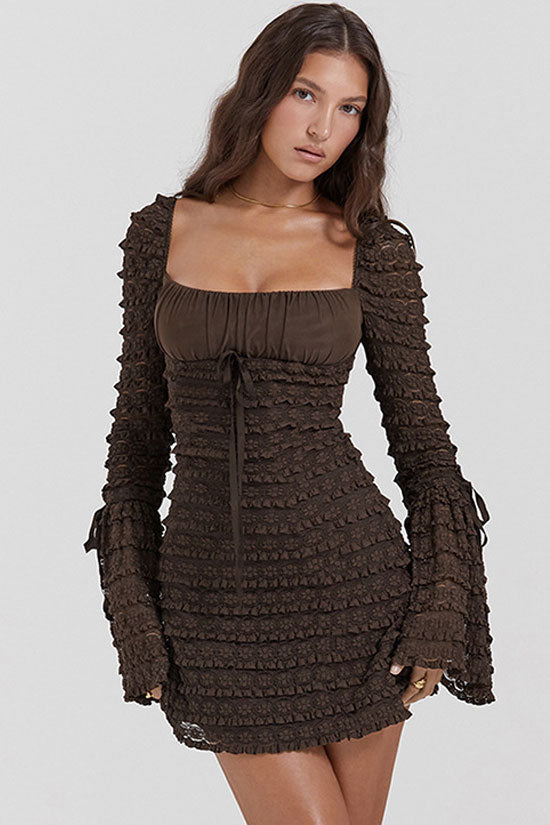 Square Neck Ruched Tie Bust Tiered Lace Ruffle Bell Sleeve Bodycon Mini Dress