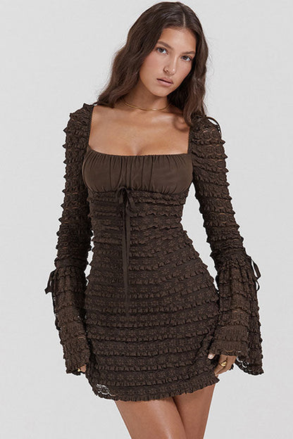 Square Neck Ruched Tie Bust Tiered Lace Ruffle Bell Sleeve Bodycon Mini Dress