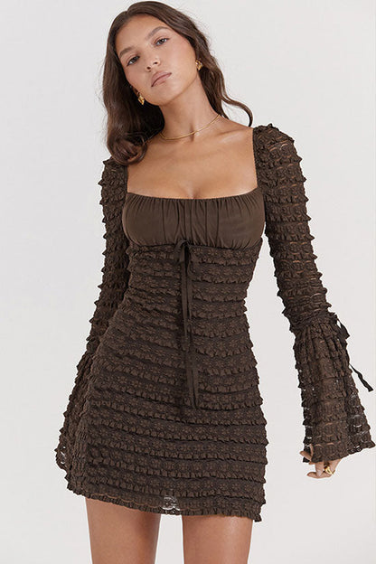 Square Neck Ruched Tie Bust Tiered Lace Ruffle Bell Sleeve Bodycon Mini Dress