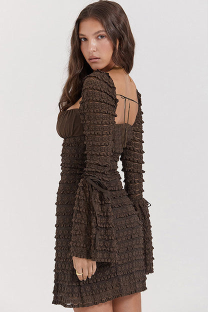 Square Neck Ruched Tie Bust Tiered Lace Ruffle Bell Sleeve Bodycon Mini Dress