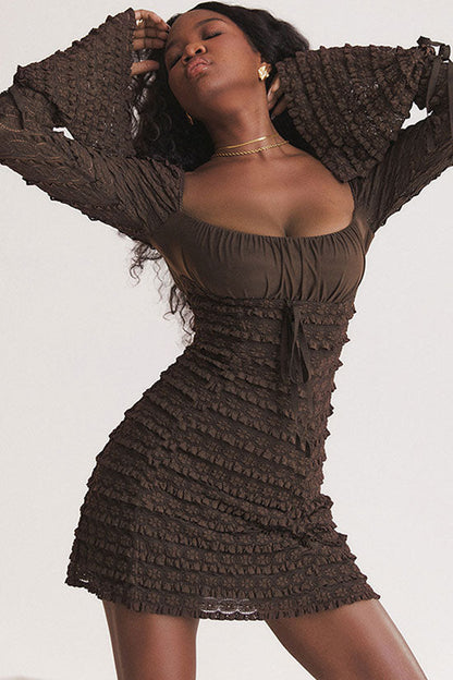Square Neck Ruched Tie Bust Tiered Lace Ruffle Bell Sleeve Bodycon Mini Dress