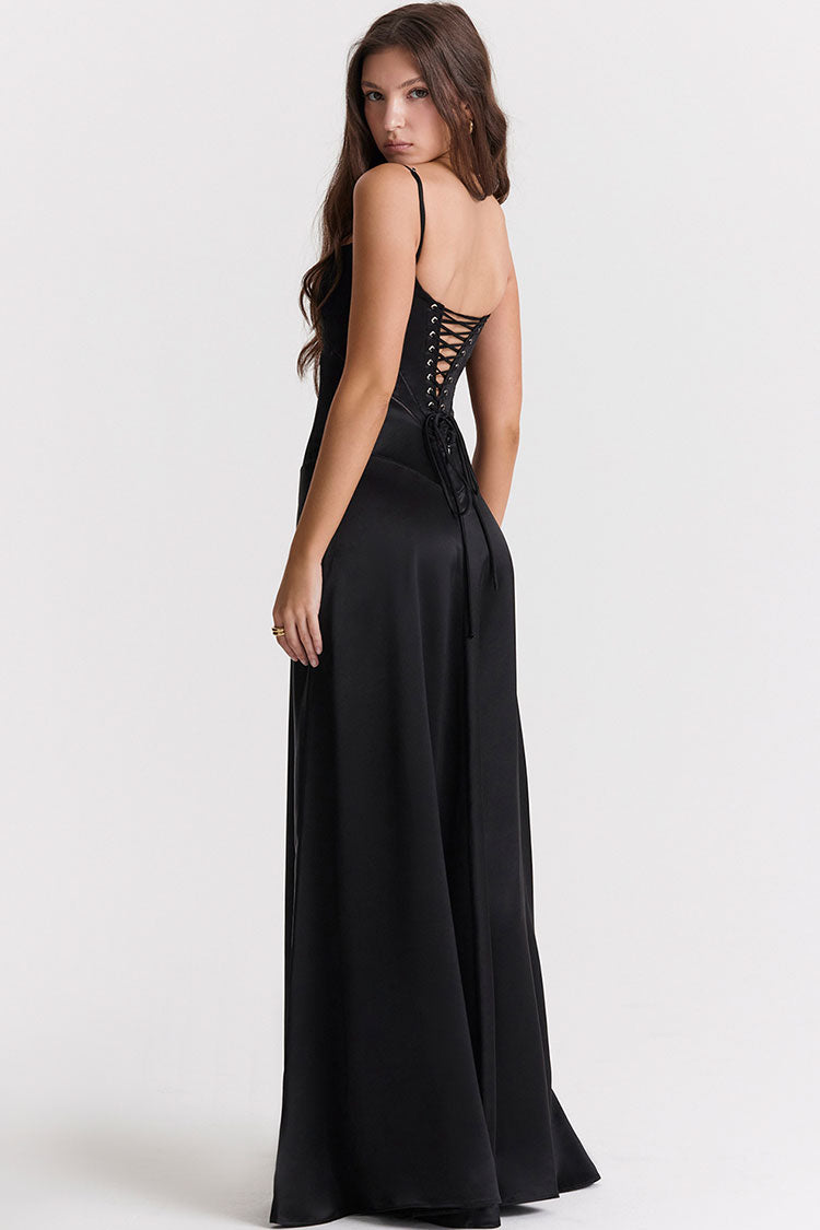 Square Neck Panel Seam Spaghetti Strap Satin A-Line Maxi Gown