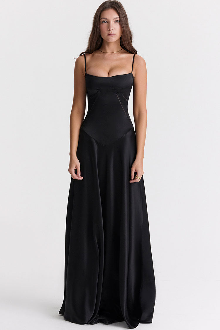 Square Neck Panel Seam Spaghetti Strap Satin A-Line Maxi Gown