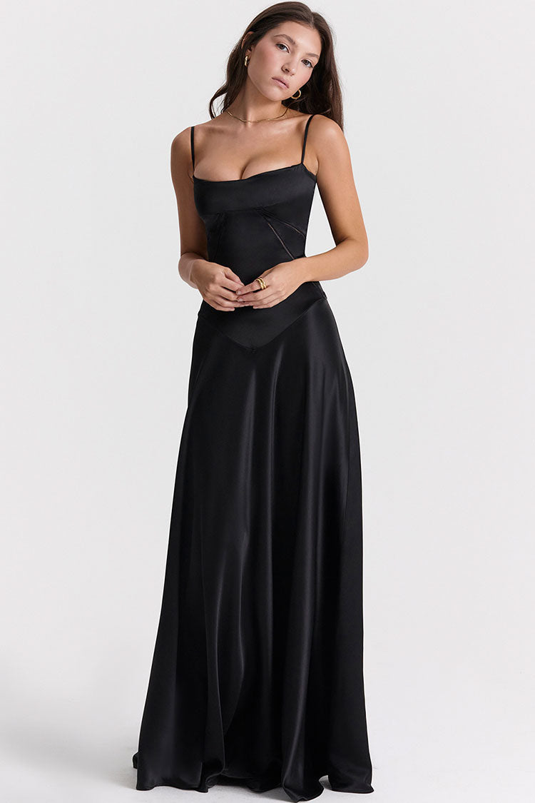 Square Neck Panel Seam Spaghetti Strap Satin A-Line Maxi Gown