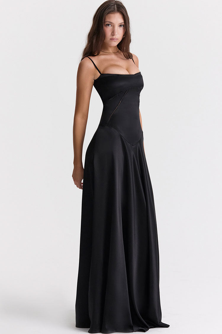 Square Neck Panel Seam Spaghetti Strap Satin A-Line Maxi Gown