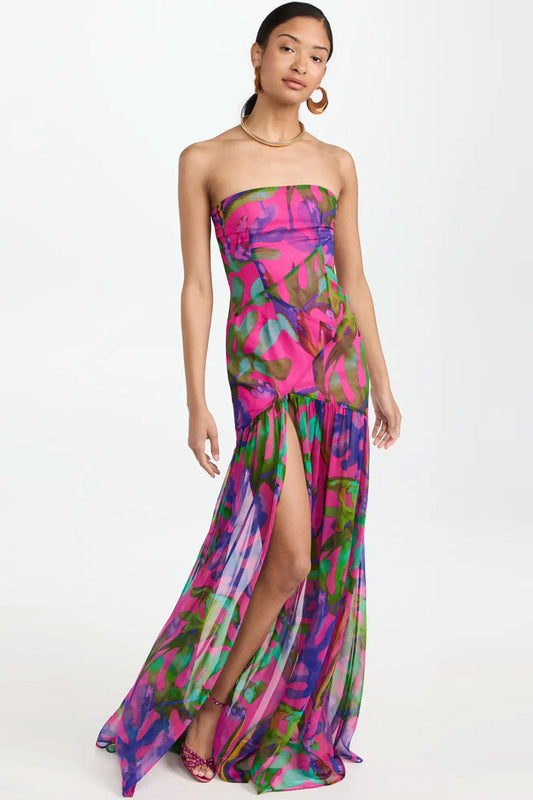 Strapless Abstract Print Drop Waist Ruched High Split Flowy Maxi Dress