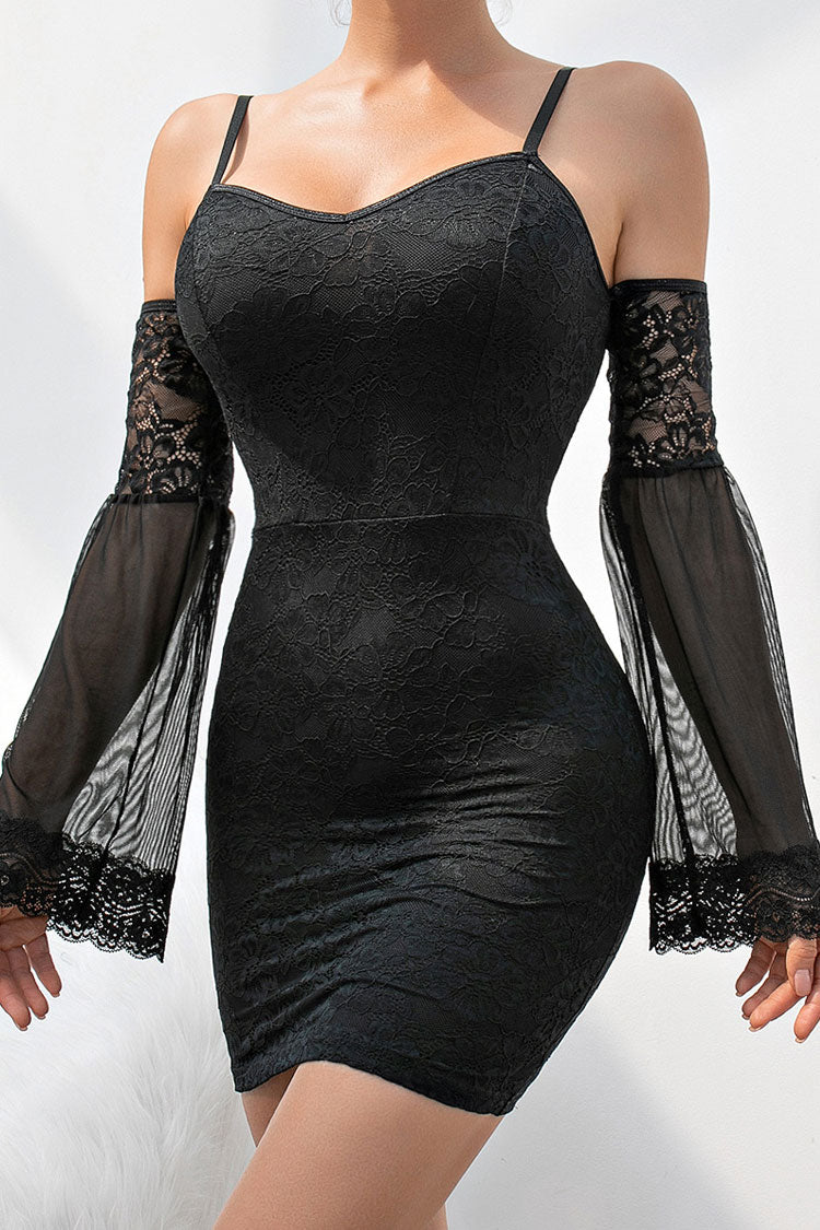 Floral Lace Spaghetti Strap Cold Shoulder Bell Sleeve Mesh Panel Bodycon Mini Dress