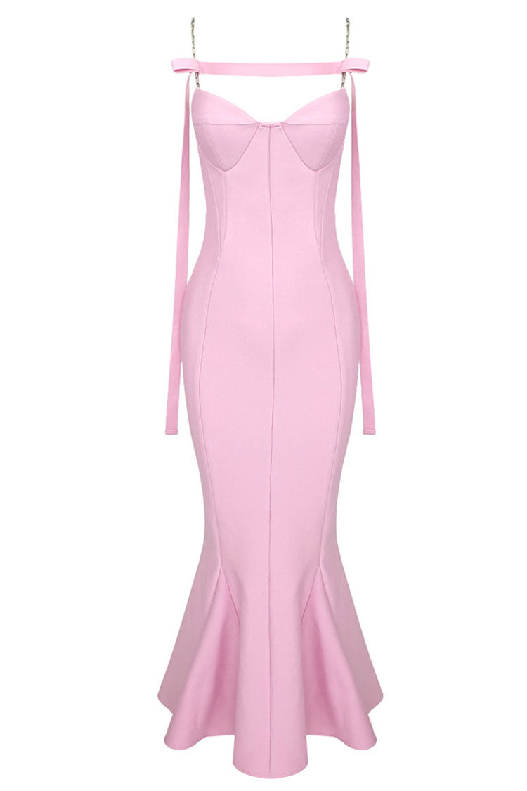 Sweetheart Chain Strap Bow Detail Bandage Mermaid Ruffle Hem Midi Dress