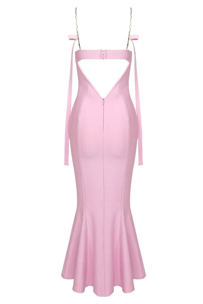Sweetheart Chain Strap Bow Detail Bandage Mermaid Ruffle Hem Midi Dress