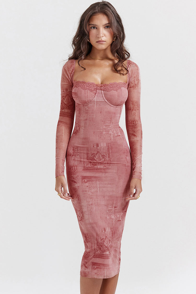 Newspaper Print Sweetheart Lace-Trim Mesh Long Sleeve Bodycon Midi Dress