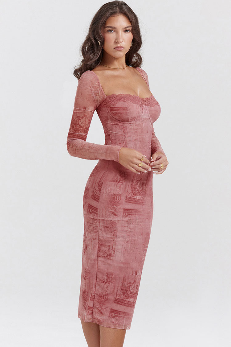 Newspaper Print Sweetheart Lace-Trim Mesh Long Sleeve Bodycon Midi Dress