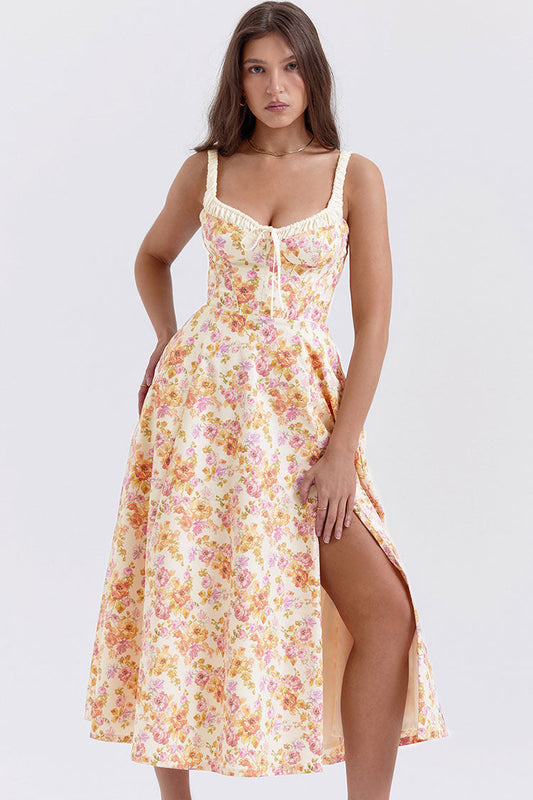 Floral Print Tie Neck Sweetheart Ruched Milkmaid Bodice High Split Midi Dress