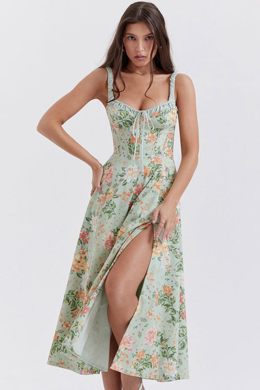 Floral Print Tie Neck Sweetheart Ruched Milkmaid Bodice High Split Midi Dress