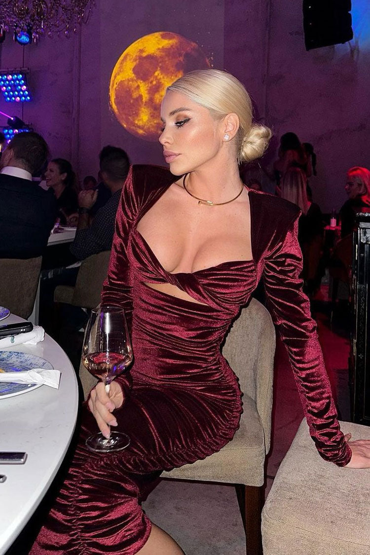Padded Shoulder Twist Front Cutout Ruched Velvet Midi Dress