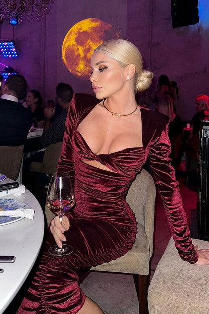 Padded Shoulder Twist Front Cutout Ruched Velvet Midi Dress