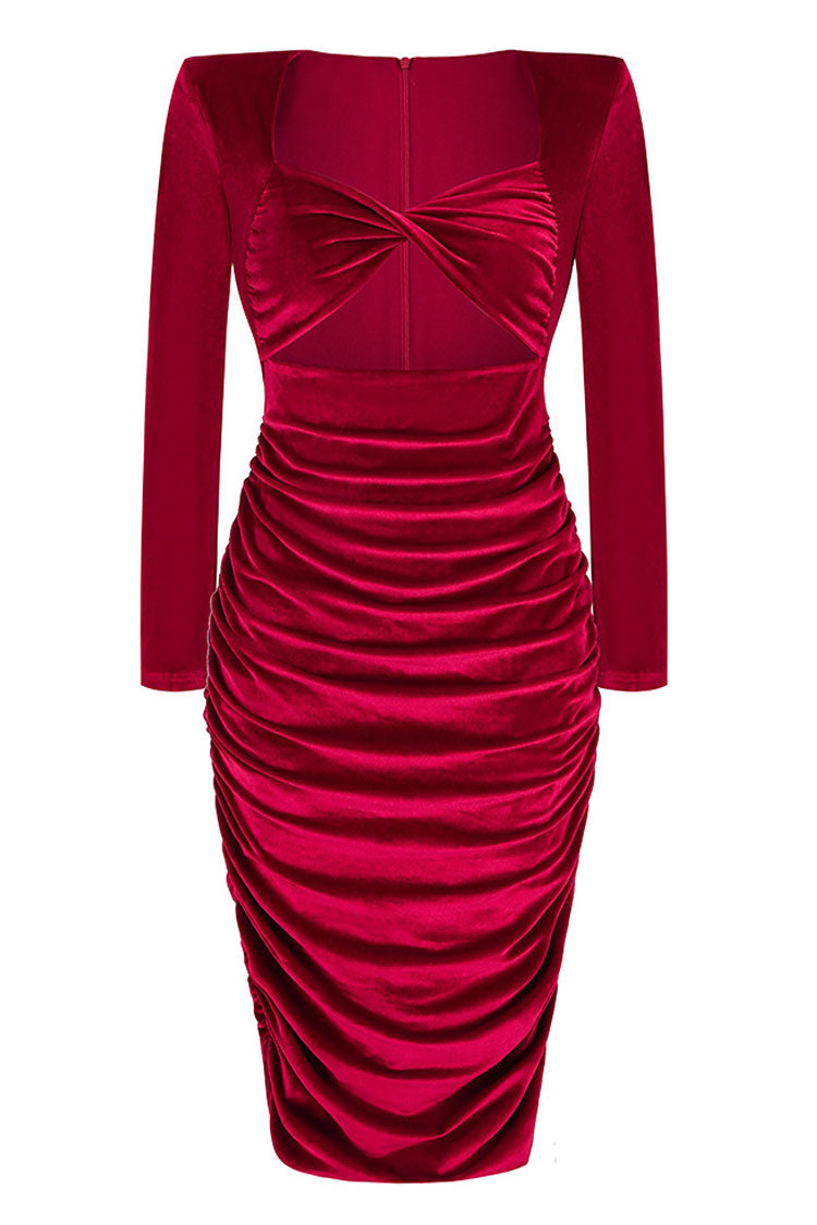 Padded Shoulder Twist Front Cutout Ruched Velvet Midi Dress