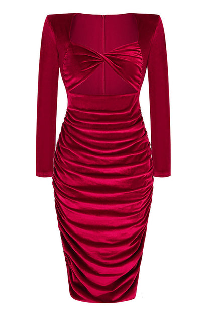 Padded Shoulder Twist Front Cutout Ruched Velvet Midi Dress