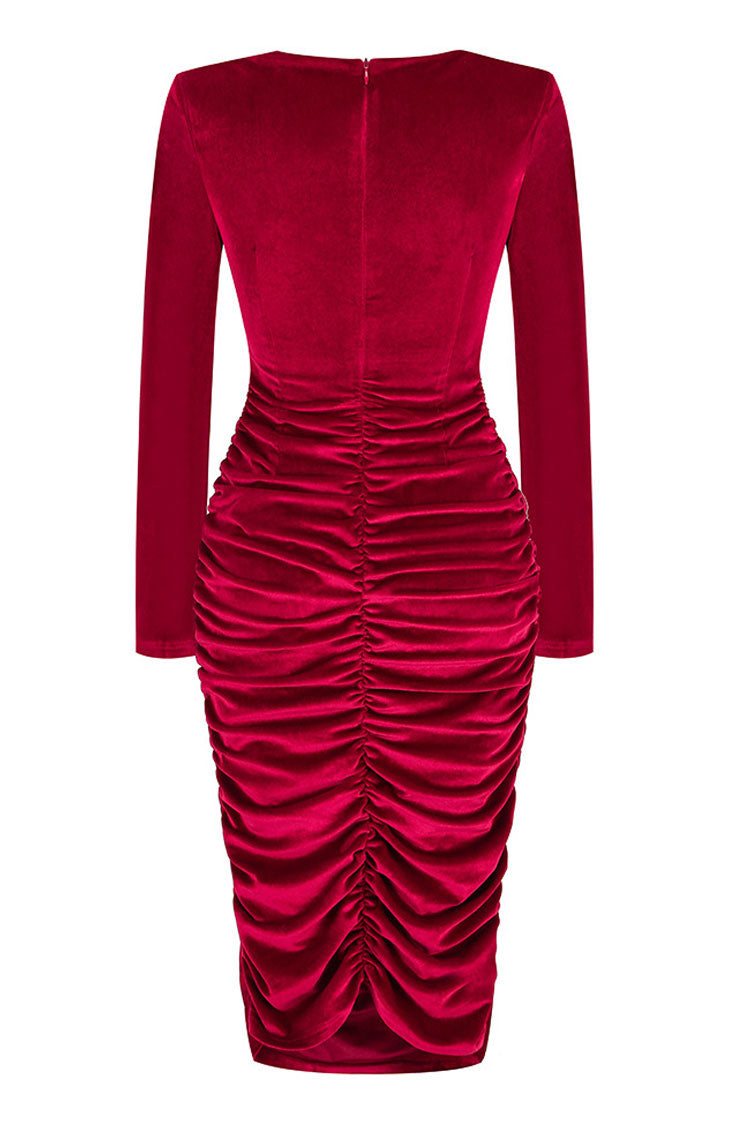 Padded Shoulder Twist Front Cutout Ruched Velvet Midi Dress